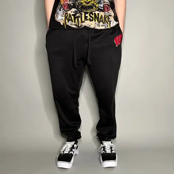 Vintage Y2K Wisconsin Badgers Sweatpants Mens XL Baggy Fit Jet Black Joggers - Picture 2 of 4